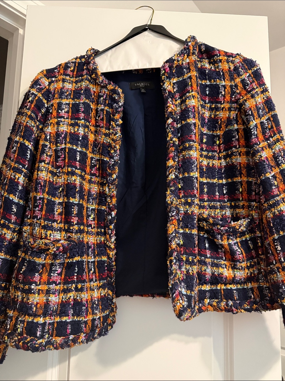 Talbots Navy & Gold Plaid Tweed Open-Front Blazer
